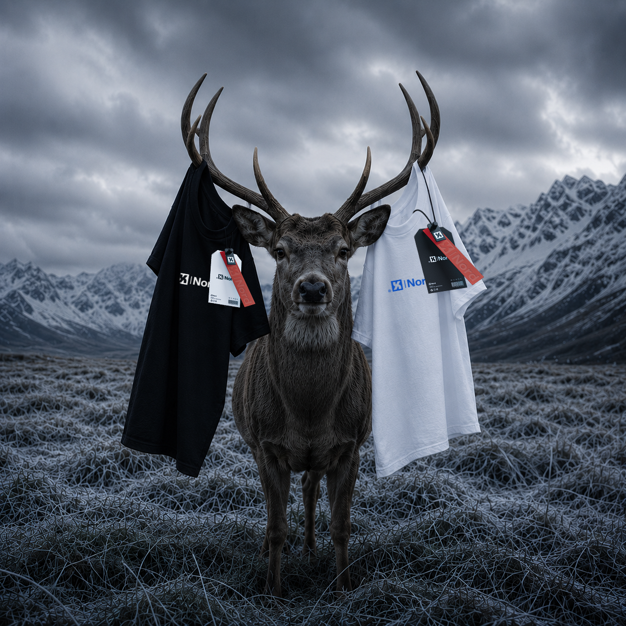 x-Nord merch on deer in a frozen mountain scene